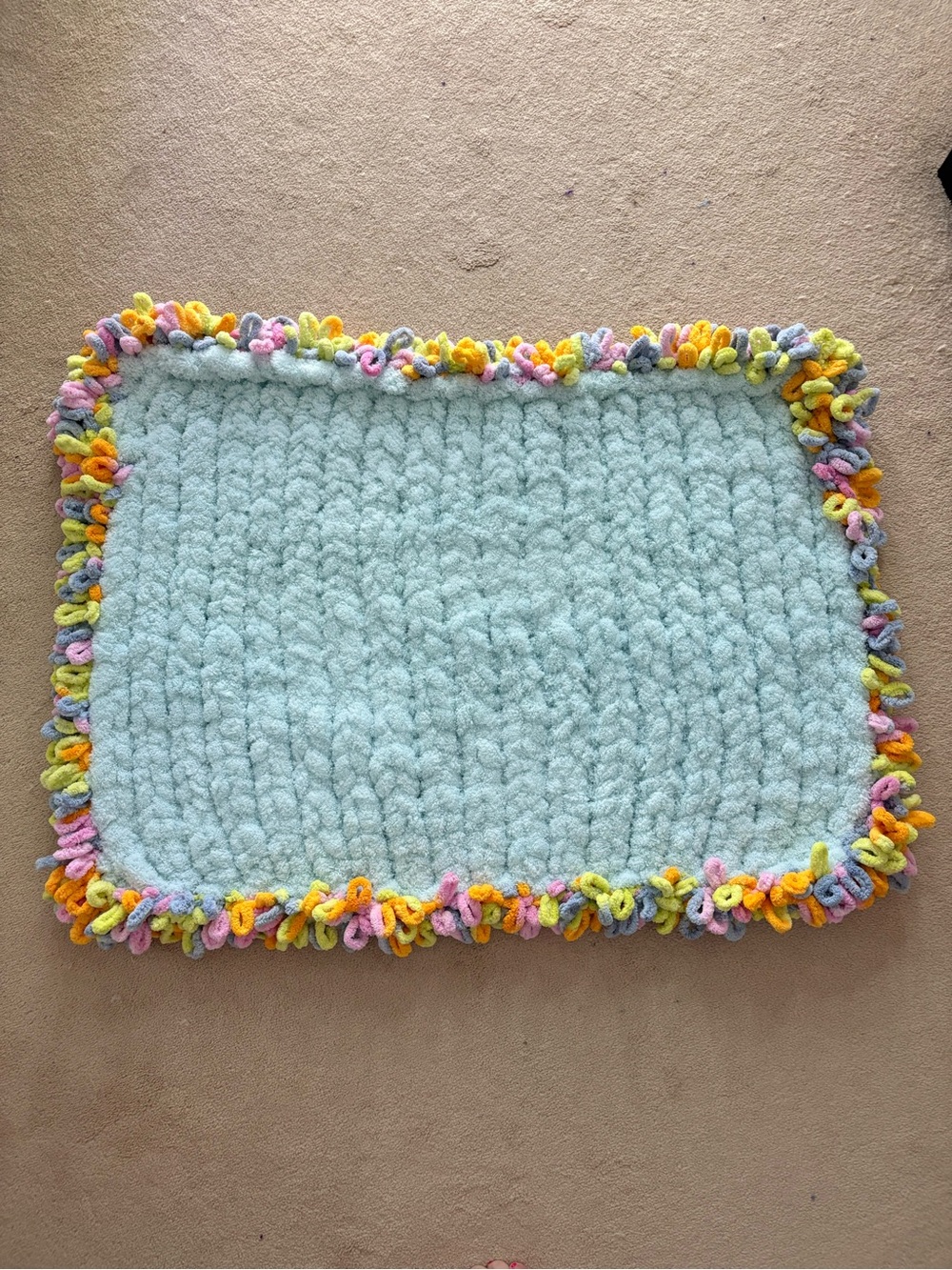 Plush Light Blue Baby Throw with Multicolor Loop Fringe